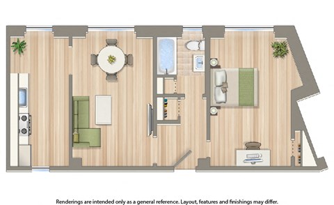 Floor plan for 1 bed, 1 bath, 729 sqft